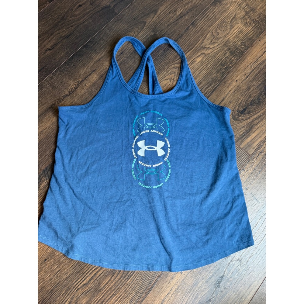 Under Armour Womens Blue Graphic Racerback Tank Top Large Criss Cross Back